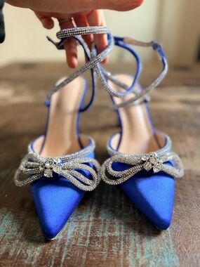 Stunning Blue Rhinestone Embellished Heels with Ankle Strap